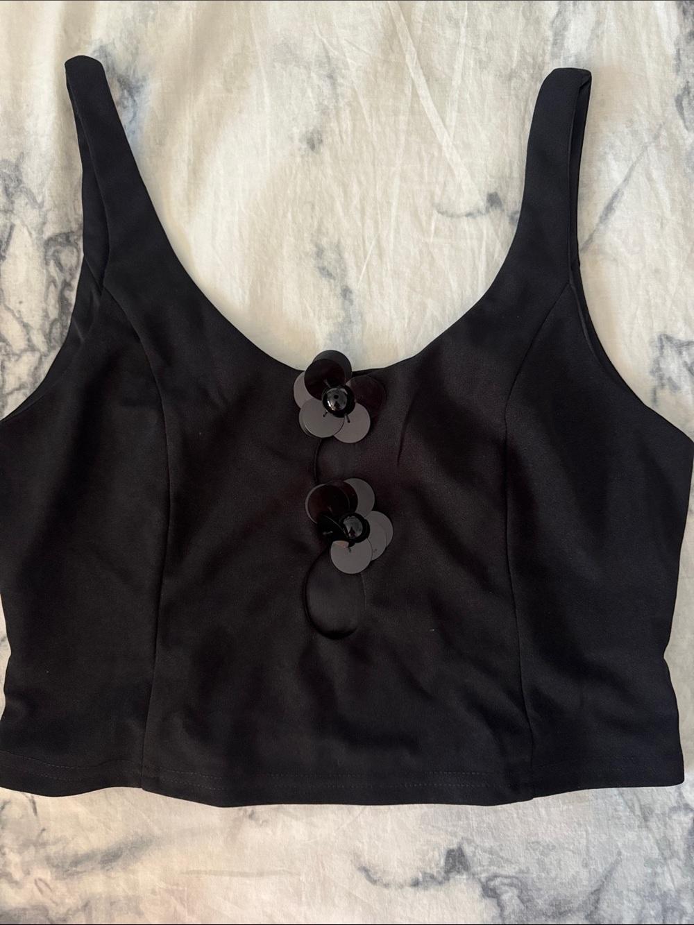 Cider Black Sleeveless Crop Top with Sequin Floral Buttons